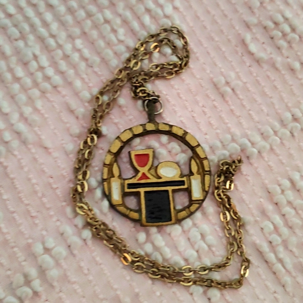 Vintage Terra Sancta Guild gold tone necklace with large round pendant